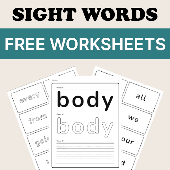 Printable sight word worksheets showing the word “body” to read, color, and trace