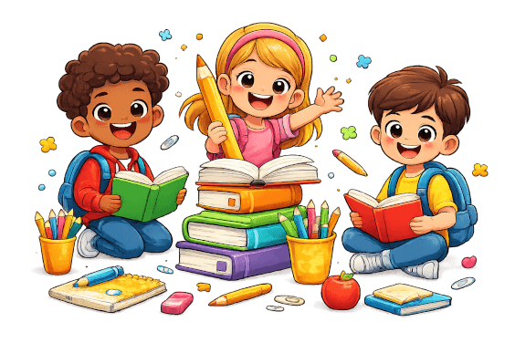 kids writing stories with pencils